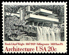 Five (5) vintage unused postage stamps - Architecture - Frank Lloyd Wright, Fallingwater, Mill Run, PA // 20 cent stamps // Face value 1.00