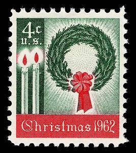 Five (5) vintage Christmas postage stamps - Christmas wreath, 1962 // 4 cent stamps // Face value 0.20