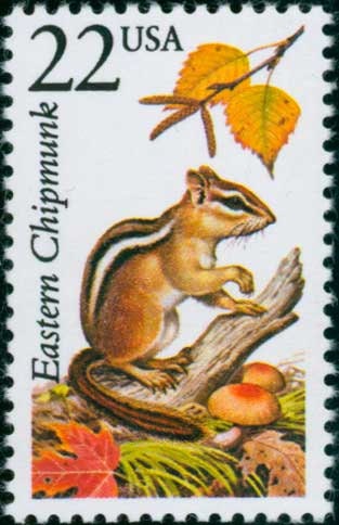 Five (5) vintage unused postage stamps - North American Wildlife, Eastern Chipmunk // 22 cent stamps // Face value 1.10