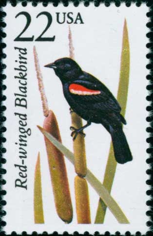 Five (5) vintage unused postage stamps - North American Wildlife, Red-winged Blackbird // 22 cent stamps // Face value 1.10