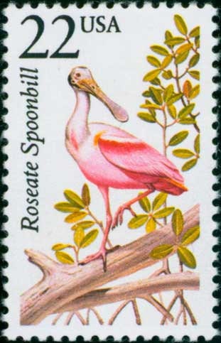 Five (5) vintage unused postage stamps - North American Wildlife, Roseate Spoonbill // 22 cent stamps // Face value 1.10