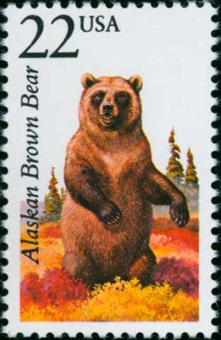 Five (5) vintage unused postage stamps - North American Wildlife: Alaskan Brown Bear // 22 cent stamps // Face value 1.10