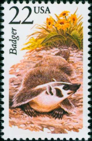 Five (5) vintage unused postage stamps - North American Wildlife, Badger // 22 cent stamps // Face value 1.10