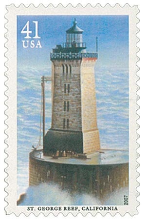 Five (5) vintage unused postage stamps - Lighthouses of the Pacific: St. George Reef, California // 41 cents // Face value 2.05