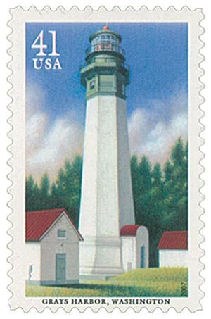 Five (5) vintage unused postage stamps - Lighthouses of the Pacific: Grays Harbor, Washington // 41 cents // Face value 2.05