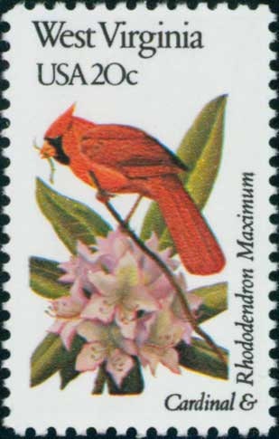 Five (5) vintage unused postage stamps - West Virginia state bird and flower // 20 cent stamps // Face value 1.00