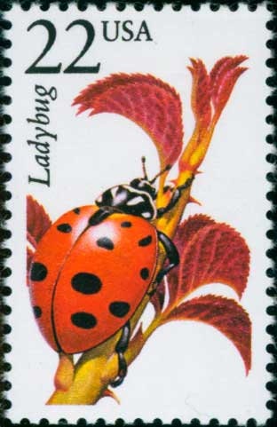 Five (5) vintage unused postage stamps - North American Wildlife: Ladybug // 22 cent stamps // Face value 1.10