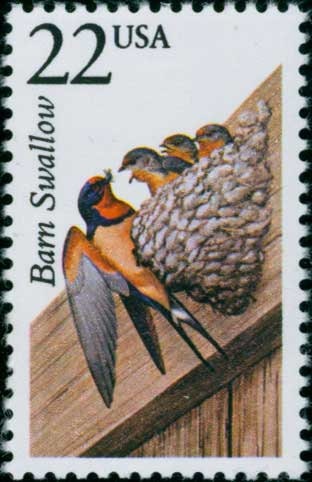 Five (5) vintage unused postage stamps - North American Wildlife, Barn Swallow // 22 cent stamps // Face value 1.10