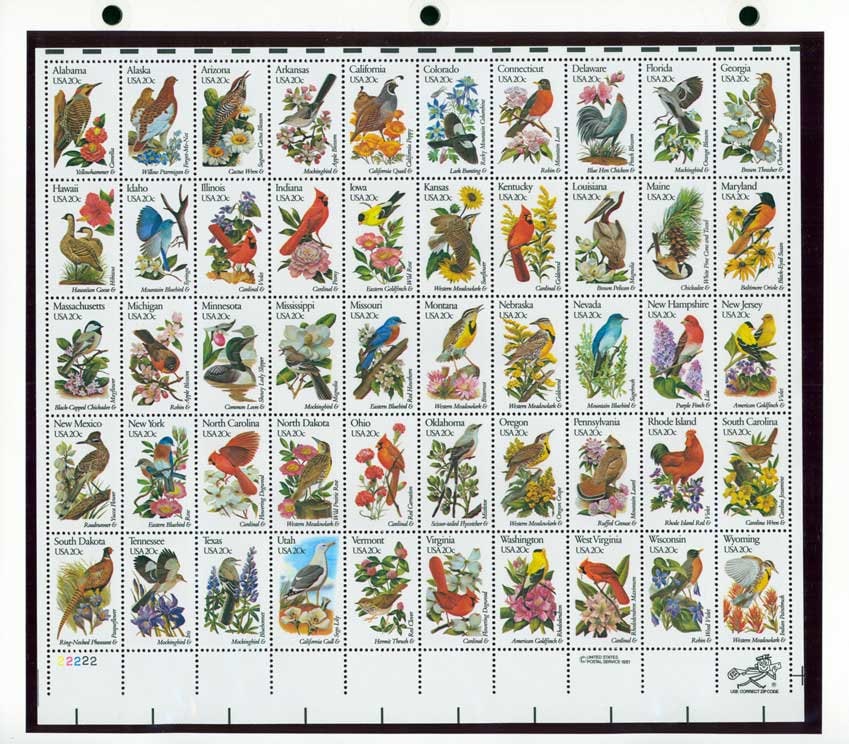 Vintage unused postage stamps - 50 State birds and flowers (sheet) // 20 cent stamps // Face value 10.00