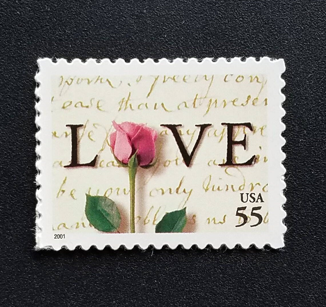 Five (5) vintage unused postage stamps - Love letter and roses // 55 cent stamps // 2.75