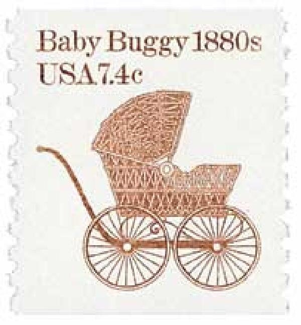 Five (5) vintage postage stamps // Transportation series: Baby buggy, 7.4 cents // face value 0.35