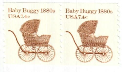 Five (5) vintage postage stamps // Transportation series: Baby buggy, 7.4 cents // face value 0.35