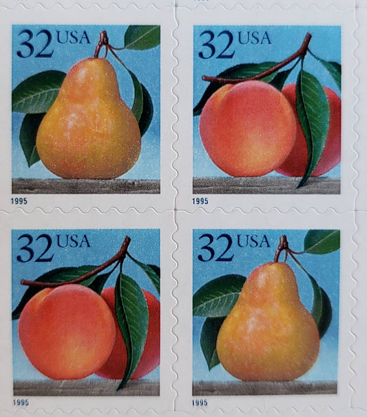 Twenty (20) vintage unused postage stamps - Peaches and pears, 32 cent stamps, face value 6.40
