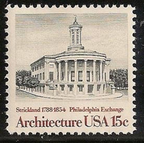 Five (5) vintage unused postage stamps - Architecture - Philadelphia Exchange // 15 cent stamps // Face value 0.75