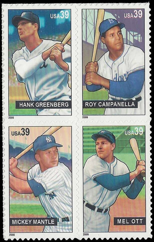 Four (4) unused postage stamps - Baseball Sluggers // 39 cent stamps // face value 1.56
