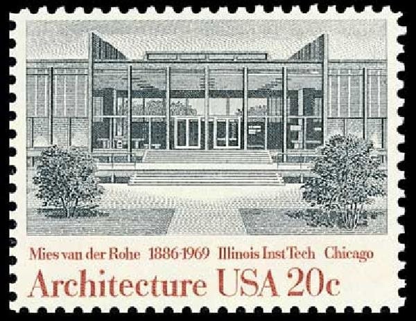 Five (5) vintage unused postage stamps - Architecture - Mies Van Der Rohe, IL Institute of Technology // 20 cent stamps // Face value 1.00