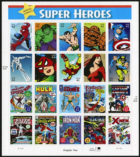 20 Super Heroes, Marvel comics, Chapter 2 (sheet) // unused postage stamps // 41 cent stamps // Face value 8.20