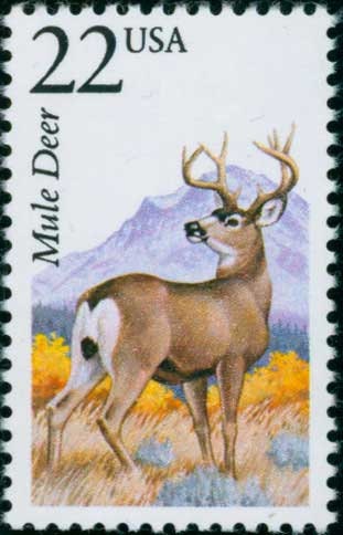 Five (5) vintage unused postage stamps - North American Wildlife, Mule deer // 22 cent stamps // Face value 1.10