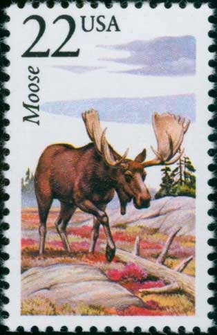 Five (5) vintage unused postage stamps - North American Wildlife, Moose // 22 cent stamps // Face value 1.10