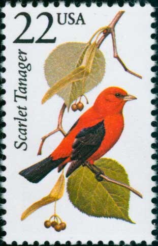 Five (5) vintage unused postage stamps - North American Wildlife, Scarlet Tanager // 22 cent stamps // Face value 1.10