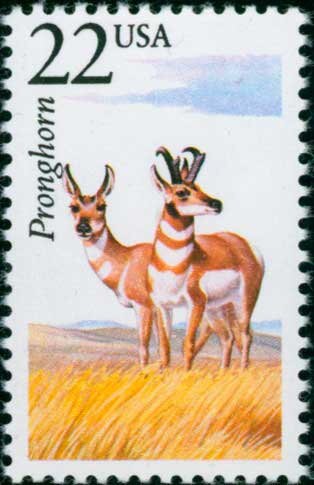 Five (5) vintage unused postage stamps - North American Wildlife, Pronghorn // 22 cent stamps // Face value 1.10