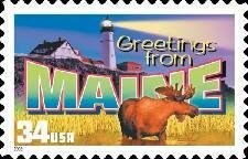 Five (5) unused postage stamps - Greetings from Maine // 34 cent stamps // face value 1.70