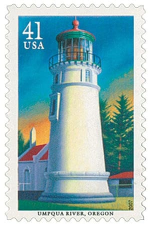 Five (5) vintage unused postage stamps - Lighthouses of the Pacific: Umpqua River, Oregon // 41 cents // Face value 2.05