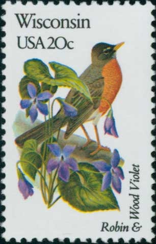 Five (5) vintage unused postage stamps - Wisconsin state bird and flower // 20 cent stamps // Face value 1.00