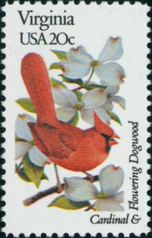 Five (5) vintage unused postage stamps - Virginia state bird and flower // 20 cent stamps // Face value 1.00