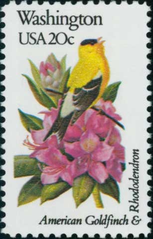 Five (5) vintage unused postage stamps - Washington state bird and flower // 20 cent stamps // Face value 1.00