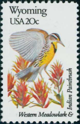 Five (5) vintage unused postage stamps - Wyoming state bird and flower // 20 cent stamps // Face value 1.00