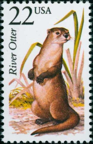 Five (5) vintage unused postage stamps - North American Wildlife: River Otter // 22 cent stamps // Face value 1.10