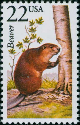 Five (5) vintage unused postage stamps - North American Wildlife: Beaver // 22 cent stamps // Face value 1.10