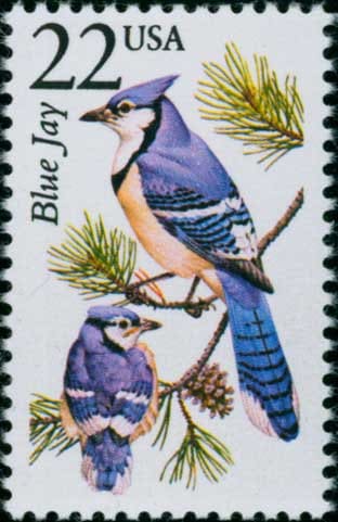 Five (5) vintage unused postage stamps - North American Wildlife: Blue Jay // 22 cent stamps // Face value 1.10