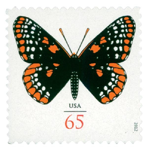 One (1) vintage unused postage stamps - Baltimore Checkerspot Butterfly // 65 cent stamp