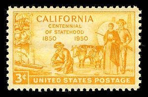 Five (5) vintage unused postage stamps - California gold centennial // 3 cent stamps / Face value: 0.15