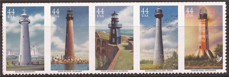 Five (5) unused postage stamps - Gulf Coast Lighthouses // 44 cents // Face value 2.20