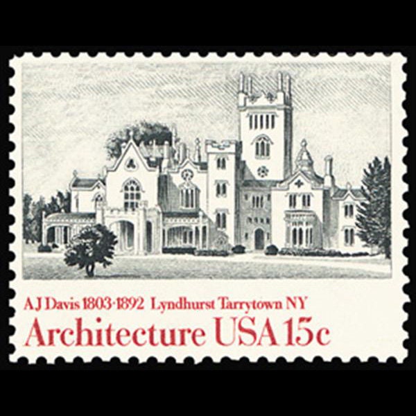 Five (5) vintage unused postage stamps - Architecture - AJ Davis, Lyndhurst, Tarrytown NY // 15 cent stamps // Face value 0.75