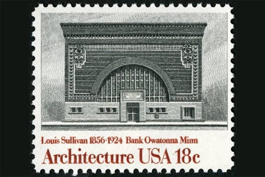 Five (5) vintage unused postage stamps - Architecture: Bank Owatonna Minnesota // 18 cent stamps // Face value 0.90