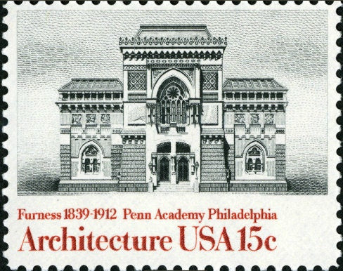 Five (5) vintage unused postage stamps - Architecture - Furness, Penn Academy, Philadelphia // 15 cent stamps // Face value 0.75