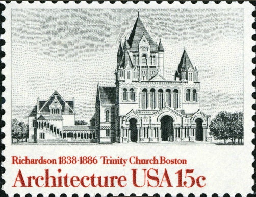 Five (5) vintage unused postage stamps - Architecture - Trinity Church, Boston // 15 cent stamps // Face value 0.75