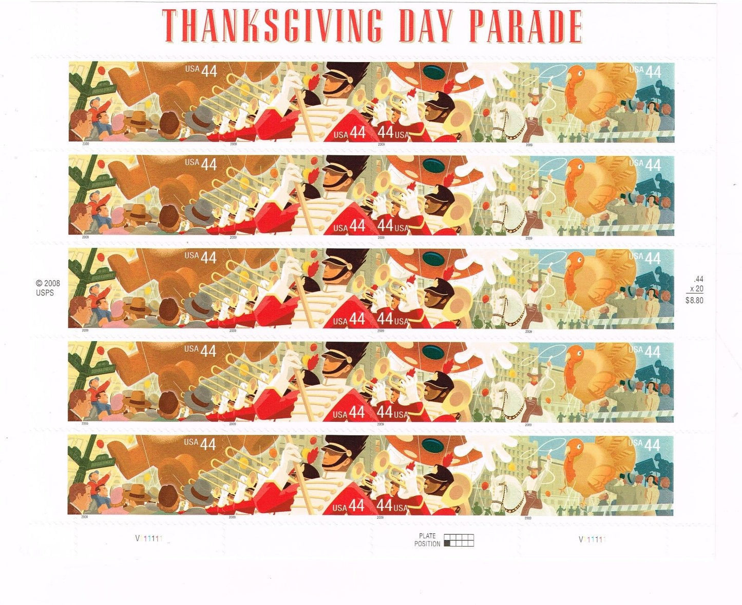 Twenty (20) postage stamps - Thanksgiving Day Parade // 44 cent stamps // Face value 8.80 dollars