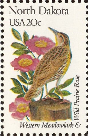 Five (5) vintage unused postage stamps - North Dakota state bird and flower // 20 cent stamps // Face value 1.00