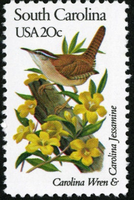 Five (5) vintage unused postage stamps - South Carolina state bird and flower // 20 cent stamps // Face value 1.00