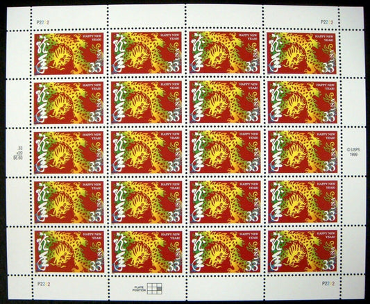 20 Year of the Dragon (sheet) // unused postage stamps // Chinese Zodiac // 33 cent stamps // face value 6.60