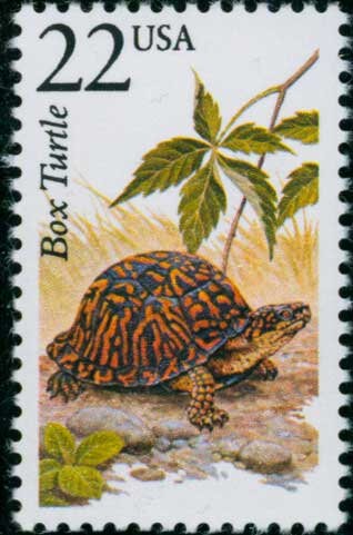 Five (5) vintage unused postage stamps - North American Wildlife: Box turtle // 22 cent stamps // Face value 1.10