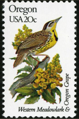 Five (5) vintage unused postage stamps - Oregon state bird and flower // 20 cent stamps // Face value 1.00