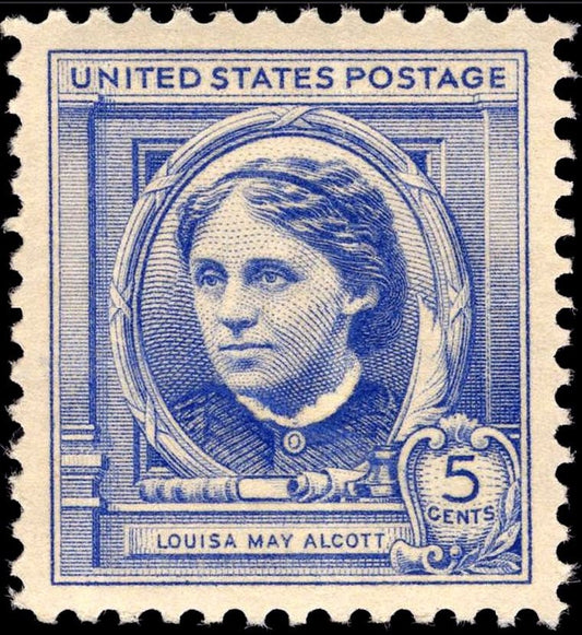 Five (5) vintage patriotic postage stamps - Louisa May Alcott // 5 cent stamps // Face value 0.25