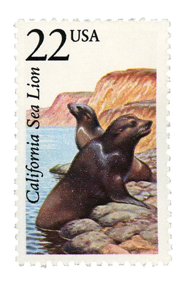 Five (5) vintage unused postage stamps - North American Wildlife: California Sea Lion // 22 cent stamps // Face value 1.10