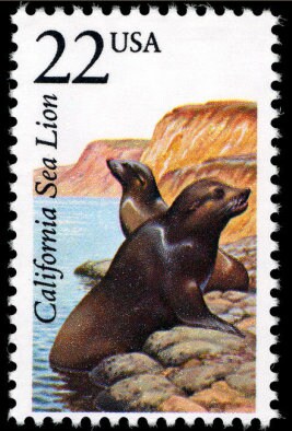 Five (5) vintage unused postage stamps - North American Wildlife: California Sea Lion // 22 cent stamps // Face value 1.10